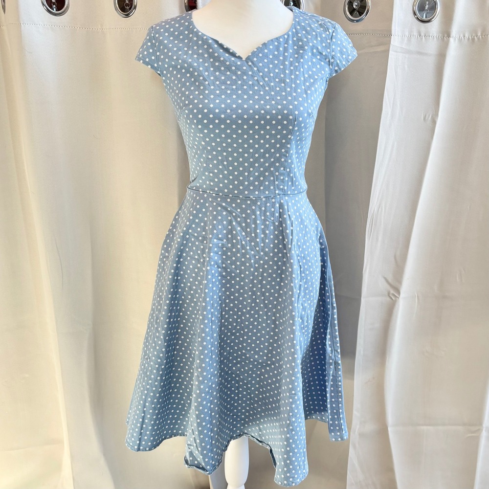 Dress Tells Retro Swing Dress Small Blue Polka Dot Rockabilly Pinup Boho 19829